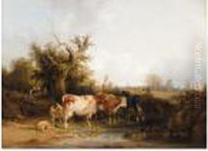 Cattle And Sheep By A Stream In A Landscape by Snr William Shayer