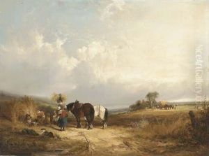 A Summer Landscape With Harvesters by Snr William Shayer