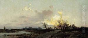 An extensive landscape in evening twilight by Emil Jakob Schindler