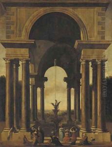 A classical portico with an elegant company gathered by a fountain