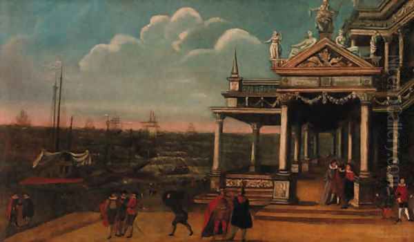 Figures by a loggia on a quay, shipping at anchor beyond - view 1