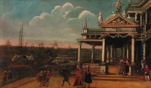 Figures by a loggia on a quay, shipping at anchor beyond