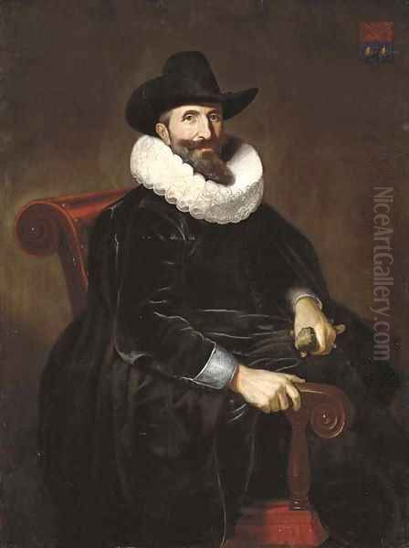 Portrait of Elias van Cuelen (c. 1585-c. 1652), seated, three-quarter-length, in a black velvet doublet with a white lace ruff and a black hat - view 1