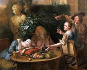 A peasant pours a drink for a woman while her husband and maid sleep, 1739