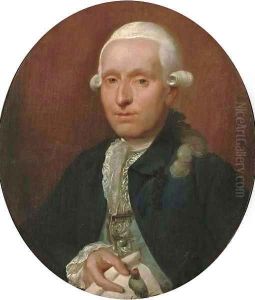 Portrait of a nobleman, half-length, in a blue embroidered vest, lace collar and cuffs and a dark blue coat, holding a drawing of a bird in his right by Aert Schouman