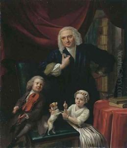 Portrait of a family, small, full-length, said to be Yoan van Wageningen (b. 1704) and children, Yan (b. 1733) and Cornelia (b. 1734), in an interior by Aert Schouman