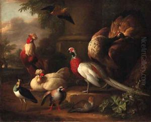 A peacock, a pheasant, a cockerel and other birds in a landscape