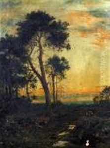 Cottages In A River Landscape With Figures Seated On A River Bank by Daniel Sherrin