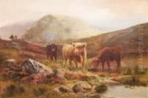 Highland Cattle In A Landscape, And Companionriver Landscape With Cottages