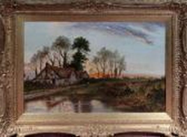 Country Cottages At Sunset With Children By A Pond In Theforeground - view 1