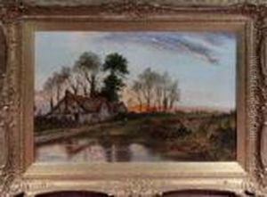Country Cottages At Sunset With Children By A Pond In Theforeground by Daniel Sherrin