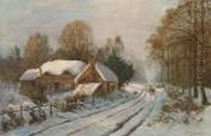 Figures On A Country Road Beside A Cottage In A Winter Landscape by Daniel Sherrin