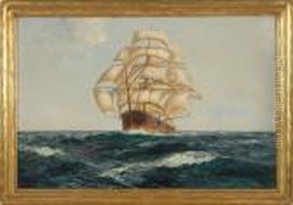 Three-masted Ship Under Sail In Choppy Seas - view 1