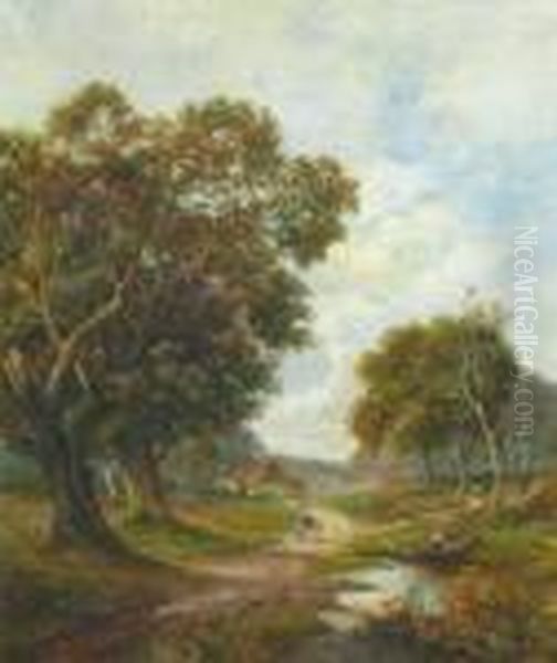 An Open Landscape With Figures Walking By A Pond With Cottage And Trees Beyond - view 1