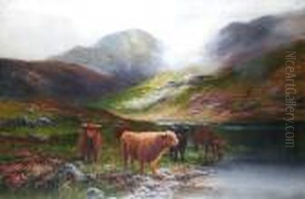Highland Cattle By A Loch With Mountains Beyond - view 1