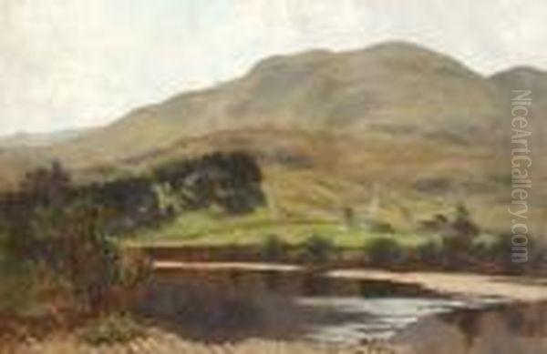 River Landscape With Cottage And Mountains Beyond, Bears Signature - view 1
