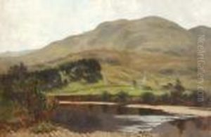 River Landscape With Cottage And Mountains Beyond, Bears Signature