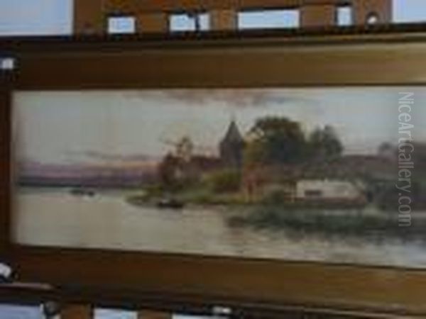 River Landscape, With Rowing Boat, Thatched Cottage And Church - view 1