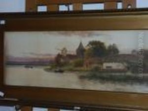 River Landscape, With Rowing Boat, Thatched Cottage And Church by Daniel Sherrin