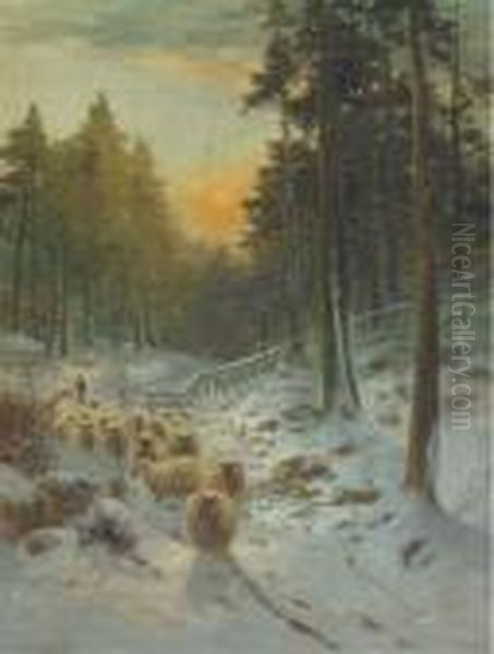 A Shepherd And His Flock In A Winter Landscape, Dawn - view 1