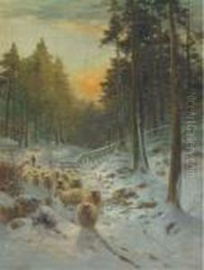 A Shepherd And His Flock In A Winter Landscape, Dawn by Daniel Sherrin