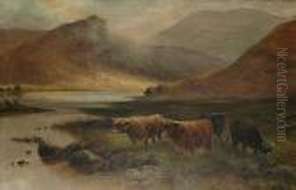 Highland Cattle By A Loch - view 1