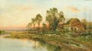 A Drover And Sheep Beside A Barn, With Ducks By A River In The Foreground