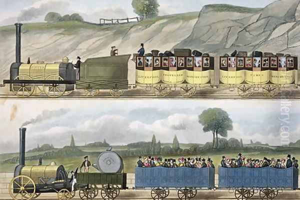 A Train of the First Class top and a Train of the Second Class bottom from Coloured View of the Liverpool - Manchester Railway, engraved by S.G. Hughes, published by Ackermann & Co., London, 1832-33 - view 1