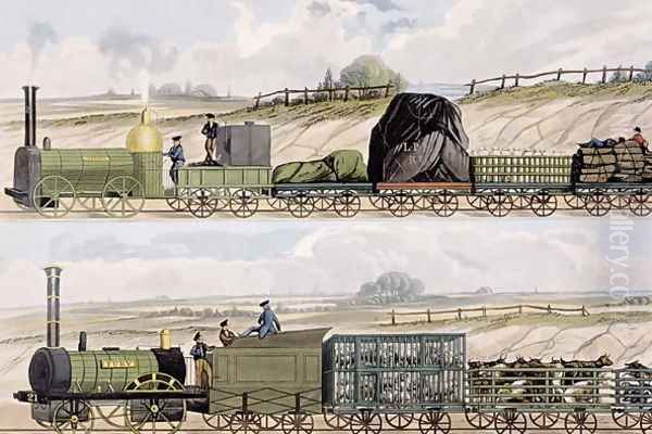 A Train of Wagons top and a Train of Cattle, Sheep and Pigs bottom from Coloured View of the Liverpool - Manchester Railway, engraved by S.G. Hughes, published by Ackermann Co., London, 1832-33 - view 1