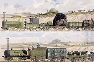 A Train of Wagons top and a Train of Cattle, Sheep and Pigs bottom from Coloured View of the Liverpool - Manchester Railway, engraved by S.G. Hughes, published by Ackermann Co., London, 1832-33 by Isaac Shaw