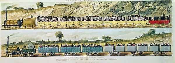 Travelling on the Liverpool and Manchester Railway A Train of the First Class of Carriages with the Mail, and A Train of the Second Class for Outside Passengers, engraved by S.G. Hughes, pub. by R. Ackermann, 1831 - view 1