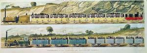 Travelling on the Liverpool and Manchester Railway A Train of the First Class of Carriages with the Mail, and A Train of the Second Class for Outside Passengers, engraved by S.G. Hughes, pub. by R. Ackermann, 1831 by Isaac Shaw