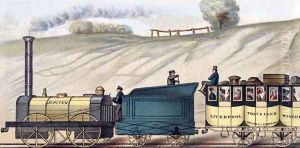 Travelling on the Liverpool and Manchester Railway, detail of the locomotive Jupiter, engraved by S.G. Hughes, c.183 by Isaac Shaw