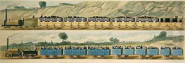 Travelling on the Liverpool and Manchester Railway A Train of the First Class of Carriages with the Mail, and A Train of the Second Class for Outside Passengers, engraved by S.G. Hughes, 1831 - view 1
