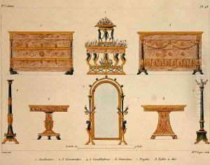 Furniture designs, engraved by Mme Soyer, plate 48 from Modeles de Meubles et de decorations interieures pur les meubles, published 1828-41 by M. Santi
