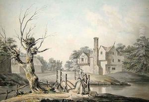 Rustic Figures crossing a Bridge near a Farm House by George Samuel