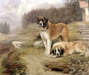 Two St. Bernards in an Alpine Landscape by Leghe Suthers