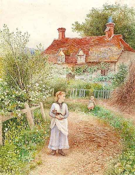 Children holding a cat before a cottage - view 1