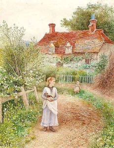 Children holding a cat before a cottage by Alice Squire