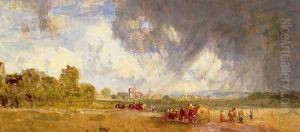 An extensive landscape with figures on a path and a village beyond by Edoard Schleich