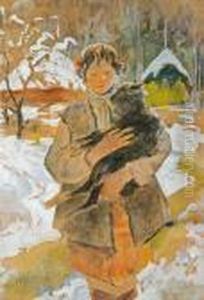 Girl With Lamb. Black Lamb by Kazimierz Sichulski