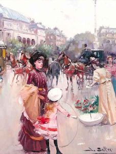 A girl with a hoop in a busy Parisian avenue