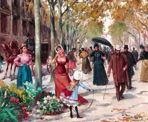 A flower seller on a tree-lined Parisian boulevard by Joan Roig Soler