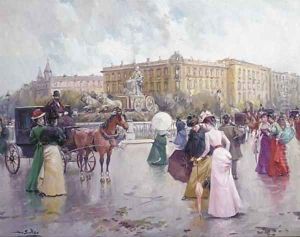 Elegant figures and carriages on a Parisian boulevard