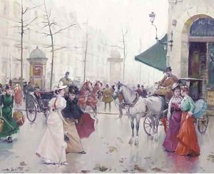 Elegant figures before the Hotel Hondew, Paris