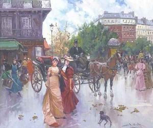Elegant figures before a carriage in a Parisienne square