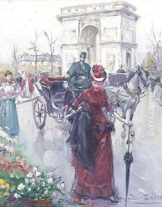 Elegant figures before the Arc de Triomphe by Joan Roig Soler