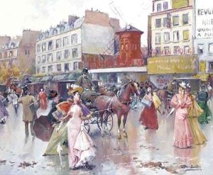 Elegant figures before the Moulin Rouge by Joan Roig Soler
