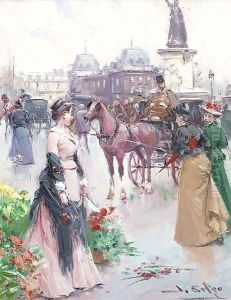 Elegant ladies in a Parisian street by Joan Roig Soler