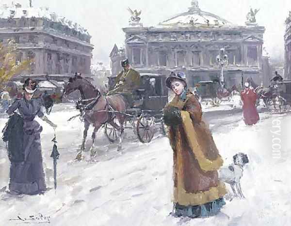 Figures in the snow before the Opera House, Paris - view 1